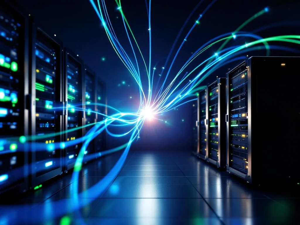 Serverrack en edge computing apparaten verbonden door gloeiende glasvezelkabels in blauw en groen licht