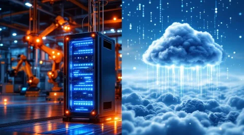 Industriële serverrack met blauwe LED-verlichting op fabrieksvloer naast robotarmen, verbonden met cloud-datastromen in de lucht