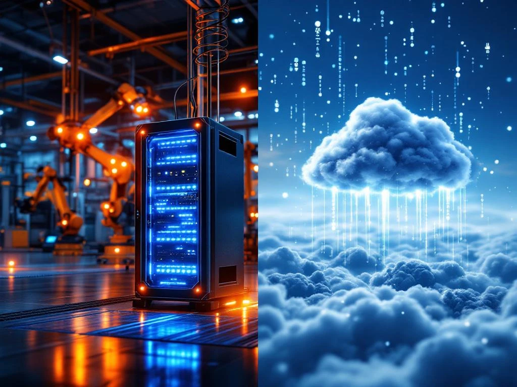 Industriële serverrack met blauwe LED-verlichting op fabrieksvloer naast robotarmen, verbonden met cloud-datastromen in de lucht