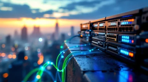 Serverrack op gebouwrand met gloeiende glasvezelkabels tegen stadslandschap tijdens gouden uur