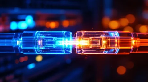 Glasvezelkabels met blauwe en rode lichtstralen door transparante kernen, CWDM en DWDM technologie in netwerkcentrum