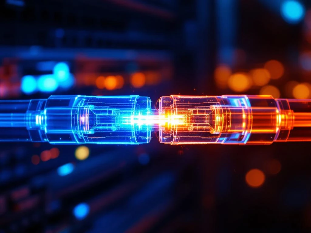 Glasvezelkabels met blauwe en rode lichtstralen door transparante kernen, CWDM en DWDM technologie in netwerkcentrum