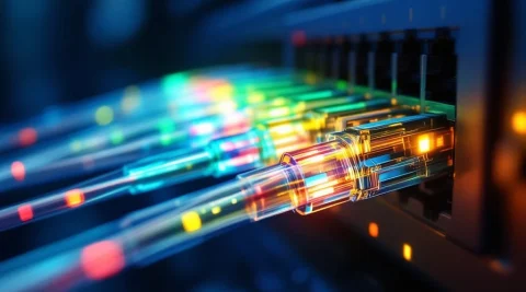 Vezeloptische kabels met kleurrijke lichtstralen die wavelength division multiplexing technologie demonstreren
