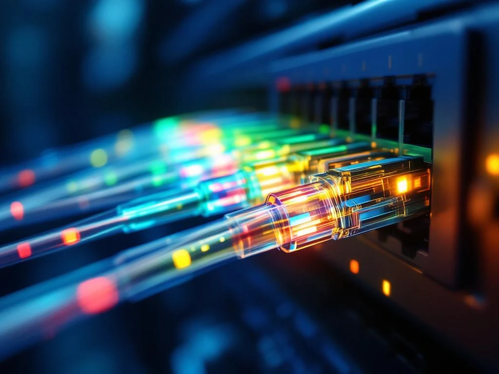 Vezeloptische kabels met kleurrijke lichtstralen die wavelength division multiplexing technologie demonstreren