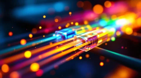 Glasvezelkabels met meerkleurige lichtstralen die WDM-technologie tonen voor verhoogde netwerkcapaciteit