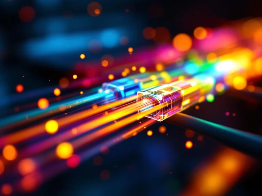 Glasvezelkabels met meerkleurige lichtstralen die WDM-technologie tonen voor verhoogde netwerkcapaciteit