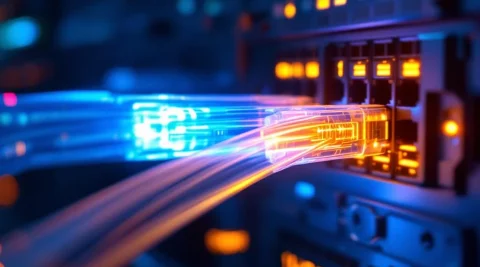 Glasvezelkabels met lichtstralen die CWDM en DWDM golflengteppatronen tonen in moderne datacenteromgeving