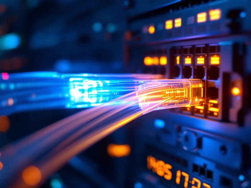 Glasvezelkabels met lichtstralen die CWDM en DWDM golflengteppatronen tonen in moderne datacenteromgeving