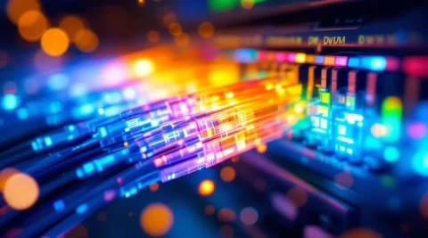 Glasvezelkabels met blauwe en regenboogkleurige lichtstralen die CWDM en DWDM technologie tonen in datacenter