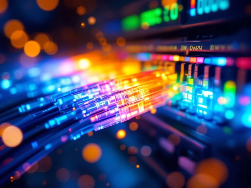 Glasvezelkabels met blauwe en regenboogkleurige lichtstralen die CWDM en DWDM technologie tonen in datacenter