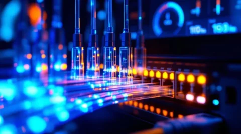 Glasvezelkabels met blauwe lichtstromen en knelpunten bij verbindingspunten, naast netwerkrouter met LED-indicatoren