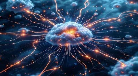 Gefragmenteerde digitale netwerkinfrastructuur in de ruimte met cloudclusters verbonden door glasvezelkabels met waarschuwingslichten