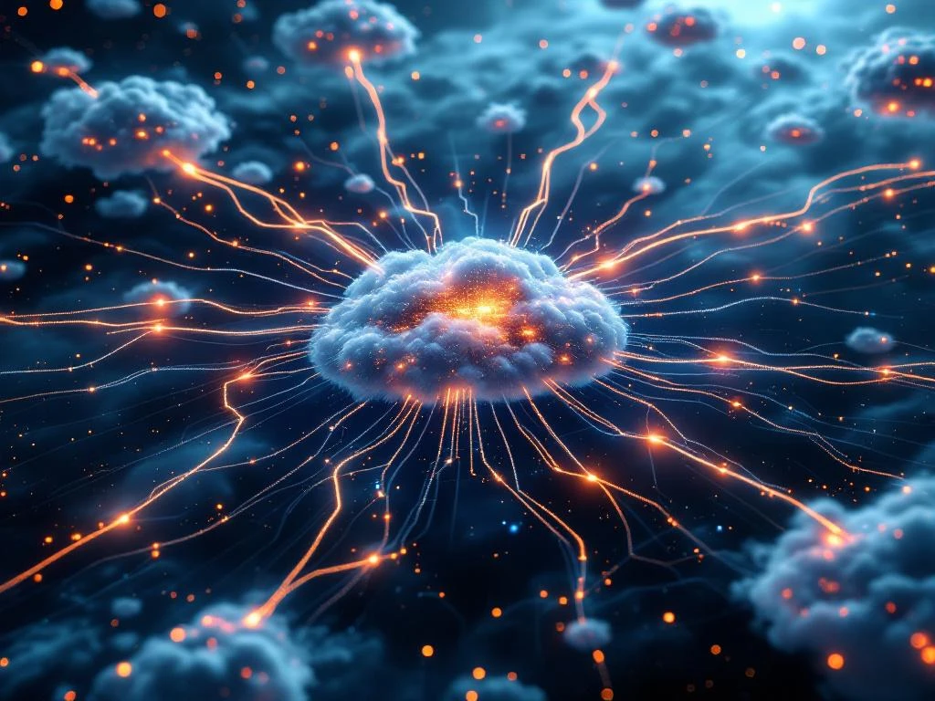 Gefragmenteerde digitale netwerkinfrastructuur in de ruimte met cloudclusters verbonden door glasvezelkabels met waarschuwingslichten