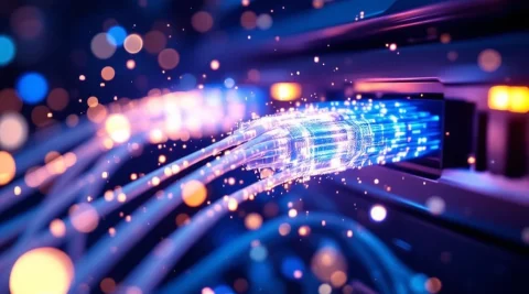 Glasvezelkabels met blauwe lichtstromen verbonden met serverinfrastructuur en cloud data visualisatie