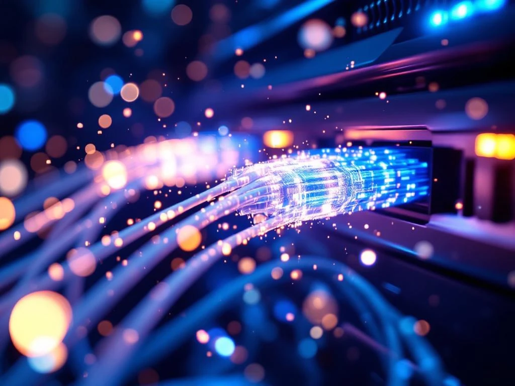 Glasvezelkabels met blauwe lichtstromen verbonden met serverinfrastructuur en cloud data visualisatie