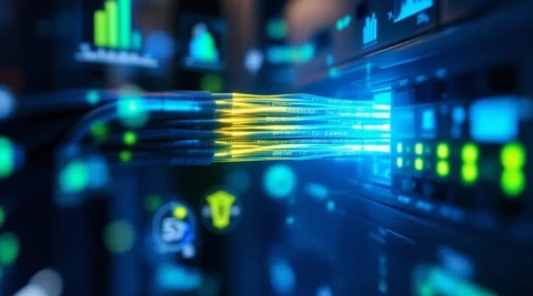 Glasvezelkabels met blauw-groen licht uit netwerkswitch met LED-indicatoren in energiezuinig datacenter