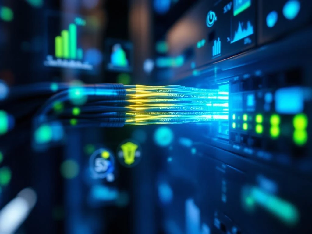 Glasvezelkabels met blauw-groen licht uit netwerkswitch met LED-indicatoren in energiezuinig datacenter