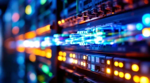 Glasvezelkabels met blauw-groen licht verbonden met ethernet kabels in moderne datacenter met serverracks