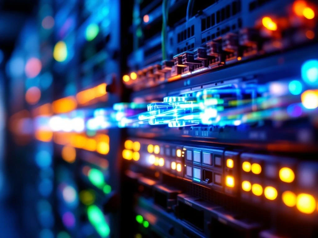 Glasvezelkabels met blauw-groen licht verbonden met ethernet kabels in moderne datacenter met serverracks