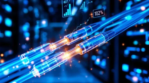 Glasvezelkabels met gloeiende lichtstromen in moderne serverruimte met holografische datavisualisaties en blauwe LED-verlichting