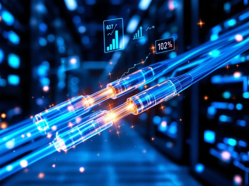 Glasvezelkabels met gloeiende lichtstromen in moderne serverruimte met holografische datavisualisaties en blauwe LED-verlichting