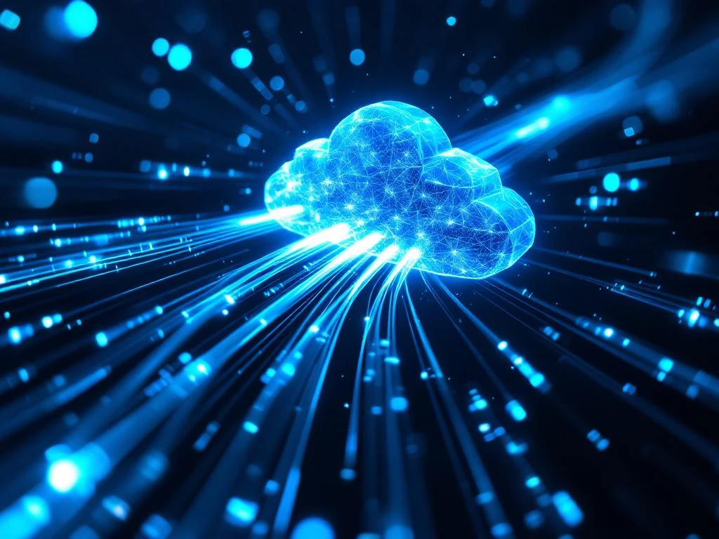 Luchtfoto van lichtgevende datapakketten door glasvezelkabels naar kristallijne cloudserverstructuren in de ruimte