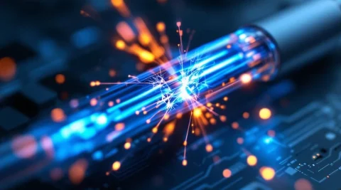 Beschadigde glasvezelkabel met barsten en verminderde lichtpulsen tegen donkere technische achtergrond