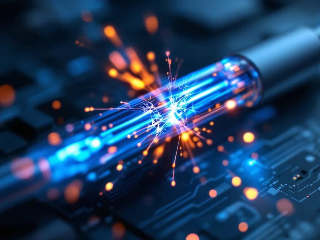 Beschadigde glasvezelkabel met barsten en verminderde lichtpulsen tegen donkere technische achtergrond