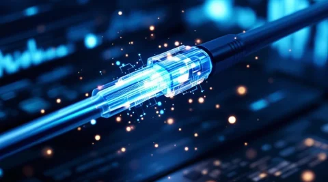 Glasvezelkabel met gloeiend blauw licht en datavisualisaties op donkere technische achtergrond met laptop