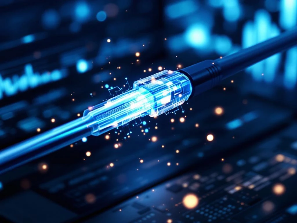 Glasvezelkabel met gloeiend blauw licht en datavisualisaties op donkere technische achtergrond met laptop