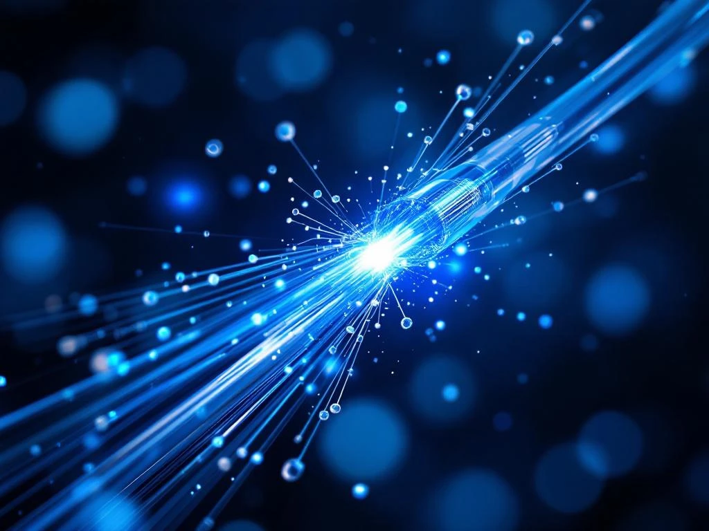 Glasvezelkabel met helderblauw licht dat door de kern pulst, omringd door transparante glasvezels op donkere achtergrond