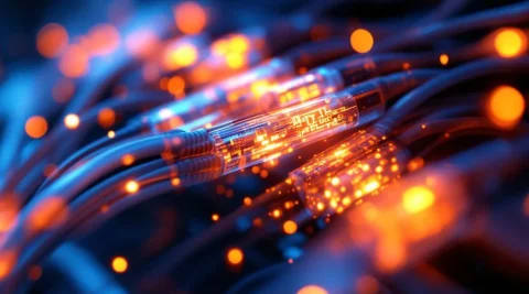 Glasvezelkabels met oranje en blauwe lichtpulsen die datastromen tonen, sommige overbelast met chaotische patronen