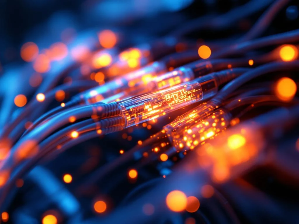 Glasvezelkabels met oranje en blauwe lichtpulsen die datastromen tonen, sommige overbelast met chaotische patronen