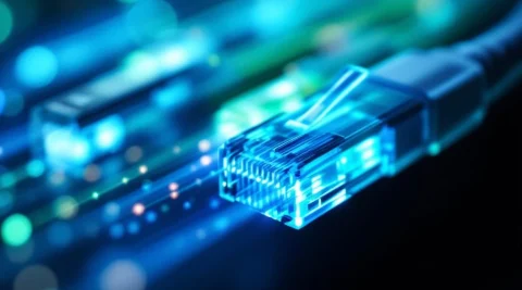Glasvezelkabels met blauwe en groene lichtstromen en ethernet connector op donkere achtergrond