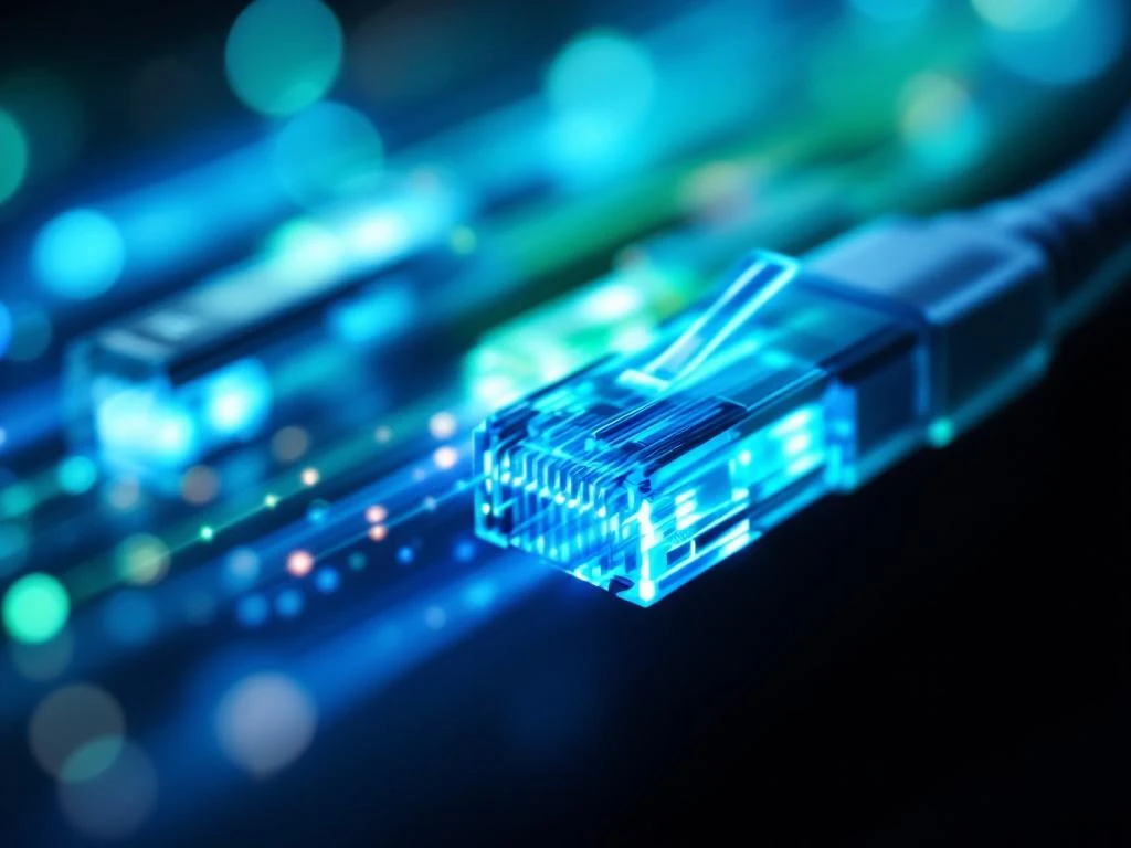 Glasvezelkabels met blauwe en groene lichtstromen en ethernet connector op donkere achtergrond