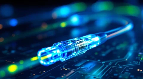 Glasvezelkabels met blauwe en groene lichtstromen die gegevensoverdracht tonen tegen donkere technologische achtergrond