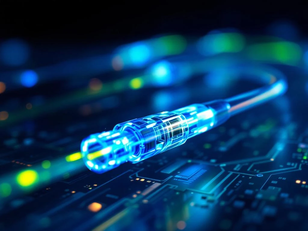 Glasvezelkabels met blauwe en groene lichtstromen die gegevensoverdracht tonen tegen donkere technologische achtergrond