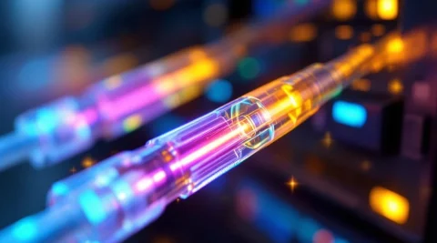 Glasvezelkabels met regenboogkleurige lichtstralen in modern datacenter, WDM-technologie voor telecommunicatie-infrastructuur