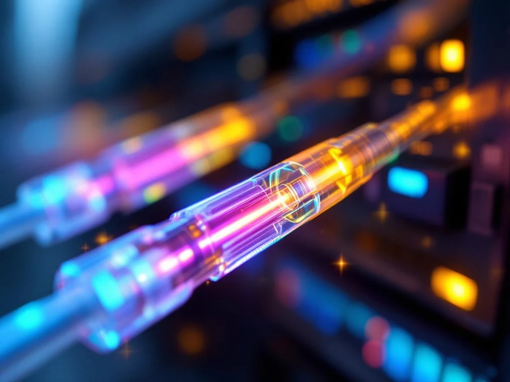 Glasvezelkabels met regenboogkleurige lichtstralen in modern datacenter, WDM-technologie voor telecommunicatie-infrastructuur