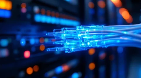 Glasvezelkabels met blauwe lichtstromen in moderne datacenter, georganiseerd in beschermende behuizing