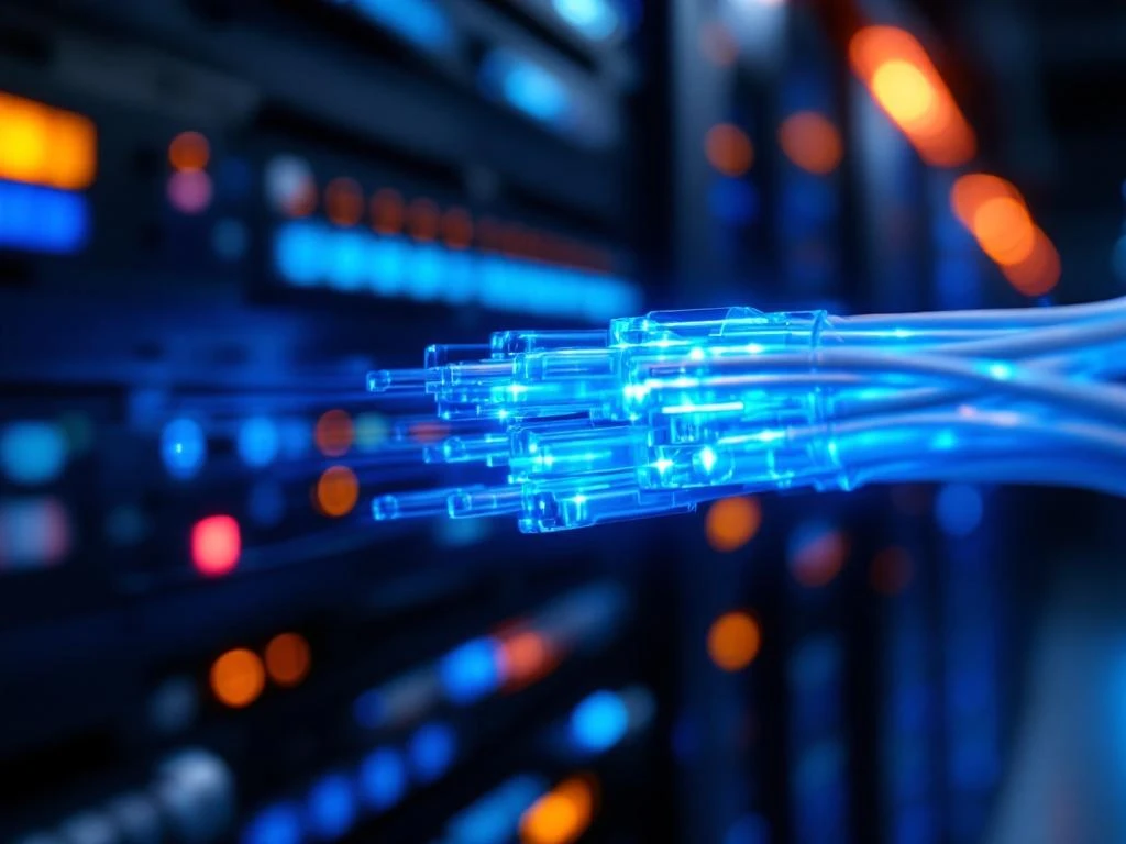 Glasvezelkabels met blauwe lichtstromen in moderne datacenter, georganiseerd in beschermende behuizing