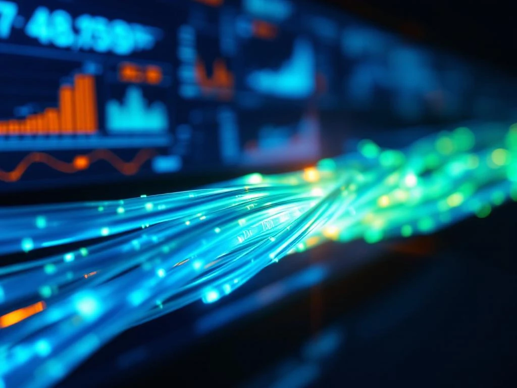 Vezeloptische kabels met blauwe en groene lichtpulsen tegen donkere achtergrond met netwerkmonitoring schermen