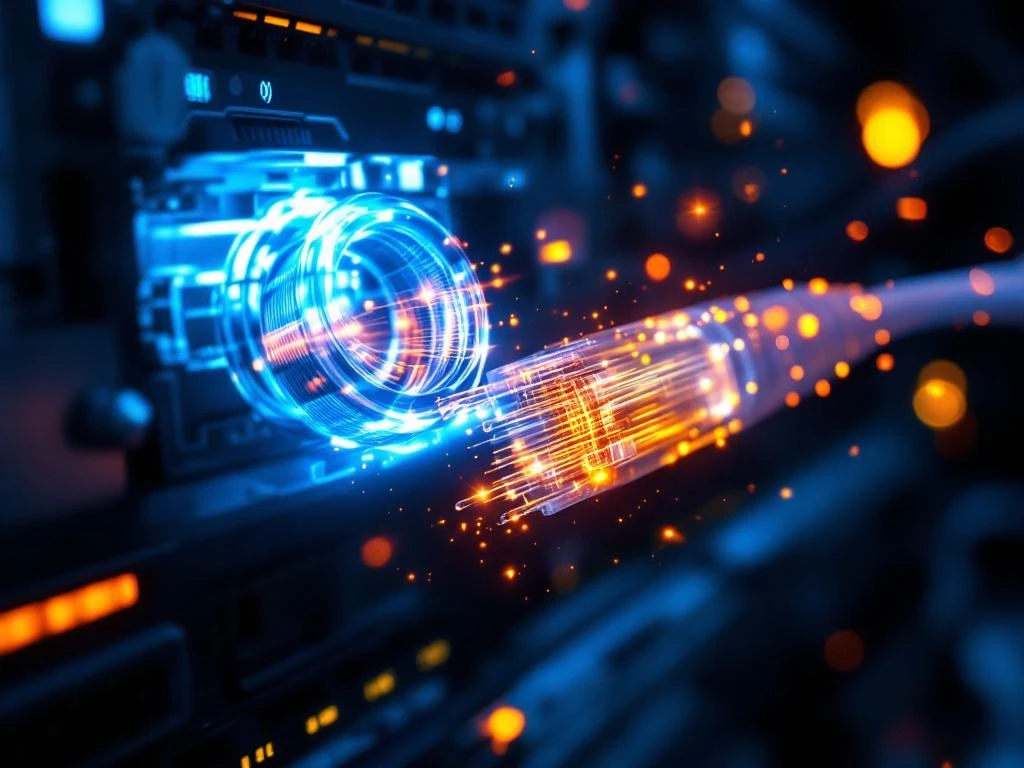 Glasvezelkabels met lichtpulsen die gegevens transporteren, twee bundels tonen bandbreedte en snelheid van netwerkverbindingen