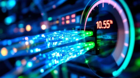 Glasvezelkabels met blauwe en groene lichtpulsen verbonden aan netwerkswitch met LED-indicatoren en snelheidsmeter