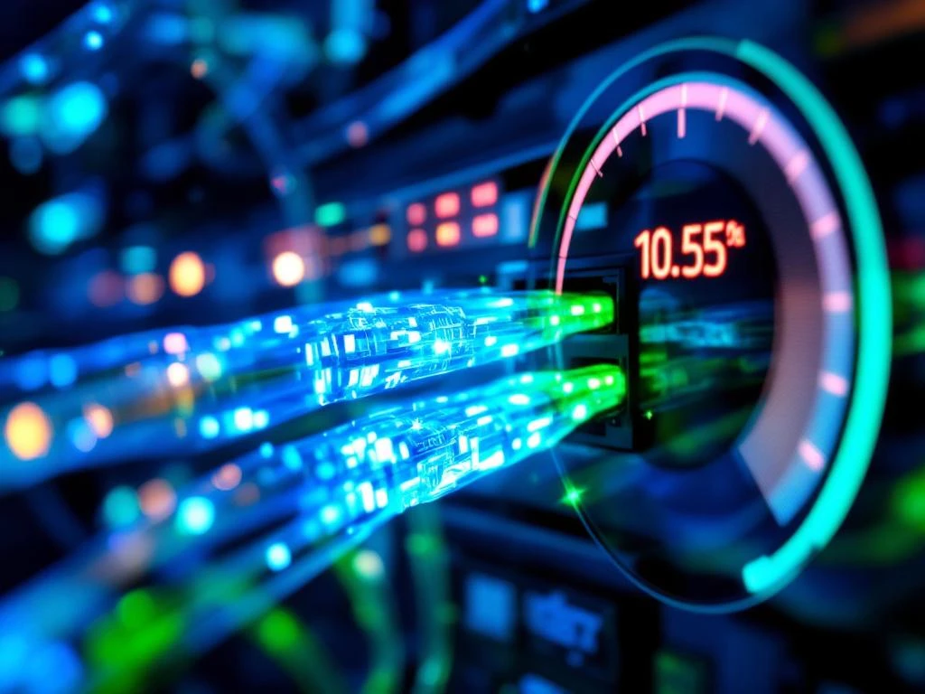 Glasvezelkabels met blauwe en groene lichtpulsen verbonden aan netwerkswitch met LED-indicatoren en snelheidsmeter