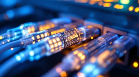 Glasvezelkabels met verschillende lichtintensiteiten verbonden aan netwerkrouter met blauwe en oranje LED-verlichting