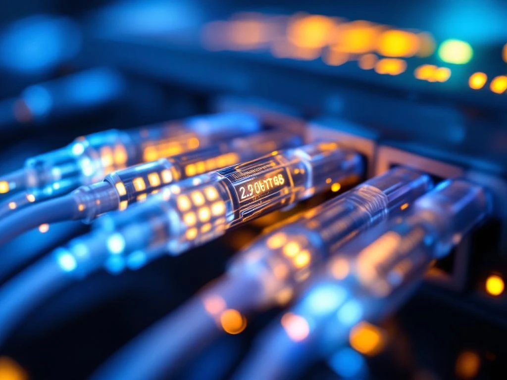 Glasvezelkabels met verschillende lichtintensiteiten verbonden aan netwerkrouter met blauwe en oranje LED-verlichting