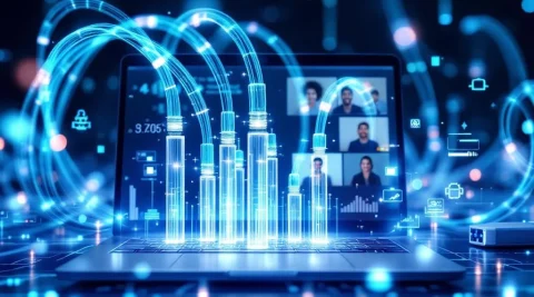 Fiber optic kabels met gloeiende datastromen boven laptop met videogesprek interface en holografische netwerkvisualisaties