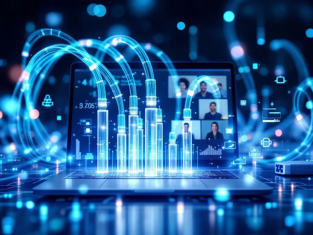 Fiber optic kabels met gloeiende datastromen boven laptop met videogesprek interface en holografische netwerkvisualisaties