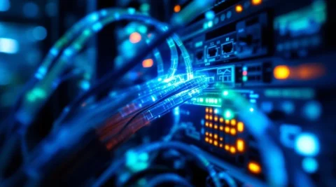 Verlichte glasvezelkabels met blauwe en groene lichtstralen vanuit netwerkbeheerconsole met digitale displays